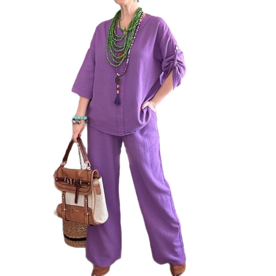 Cotton-Linen Two-Piece Set with Mid-Sleeve Top and Wide-Leg Pants
