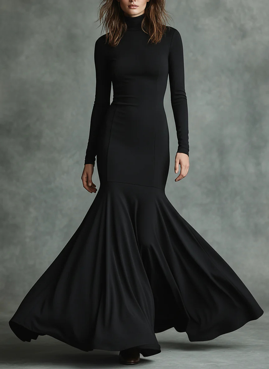 High-Neck Mermaid Maxi Dress with Long Sleeves