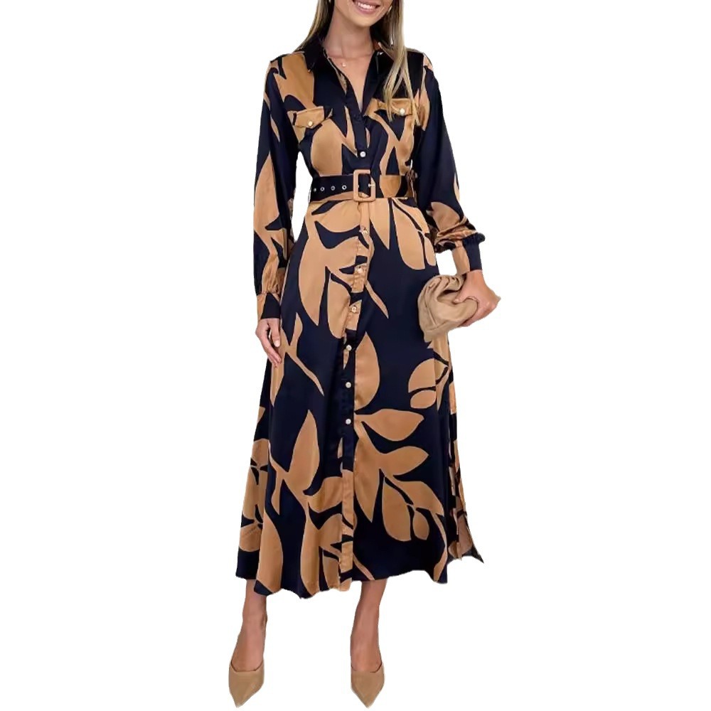 Floral Print V-Neck Long Sleeve Cinched Waist Retro Dress