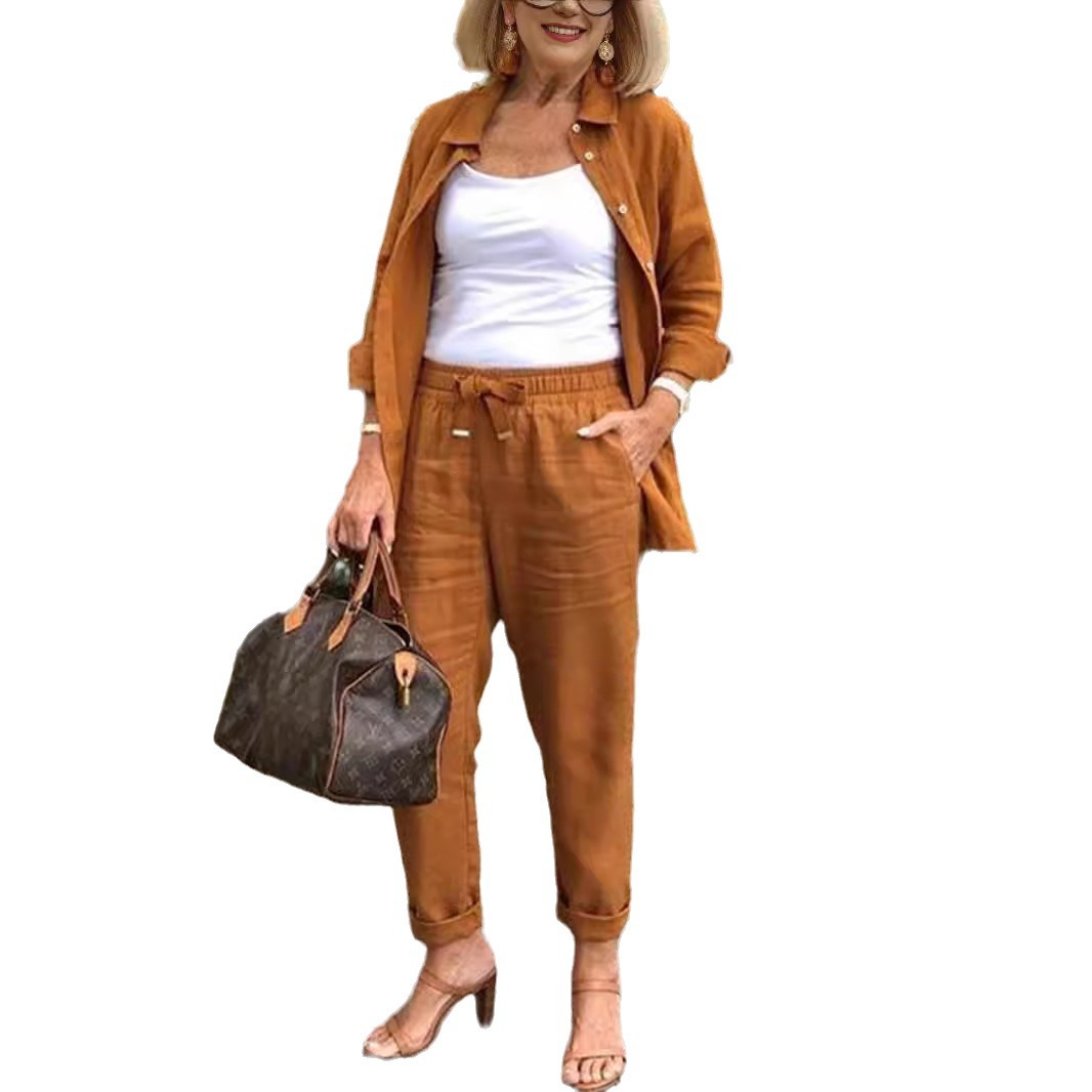 Cotton-Linen Collared Blazer & Loose Pants Casual Set