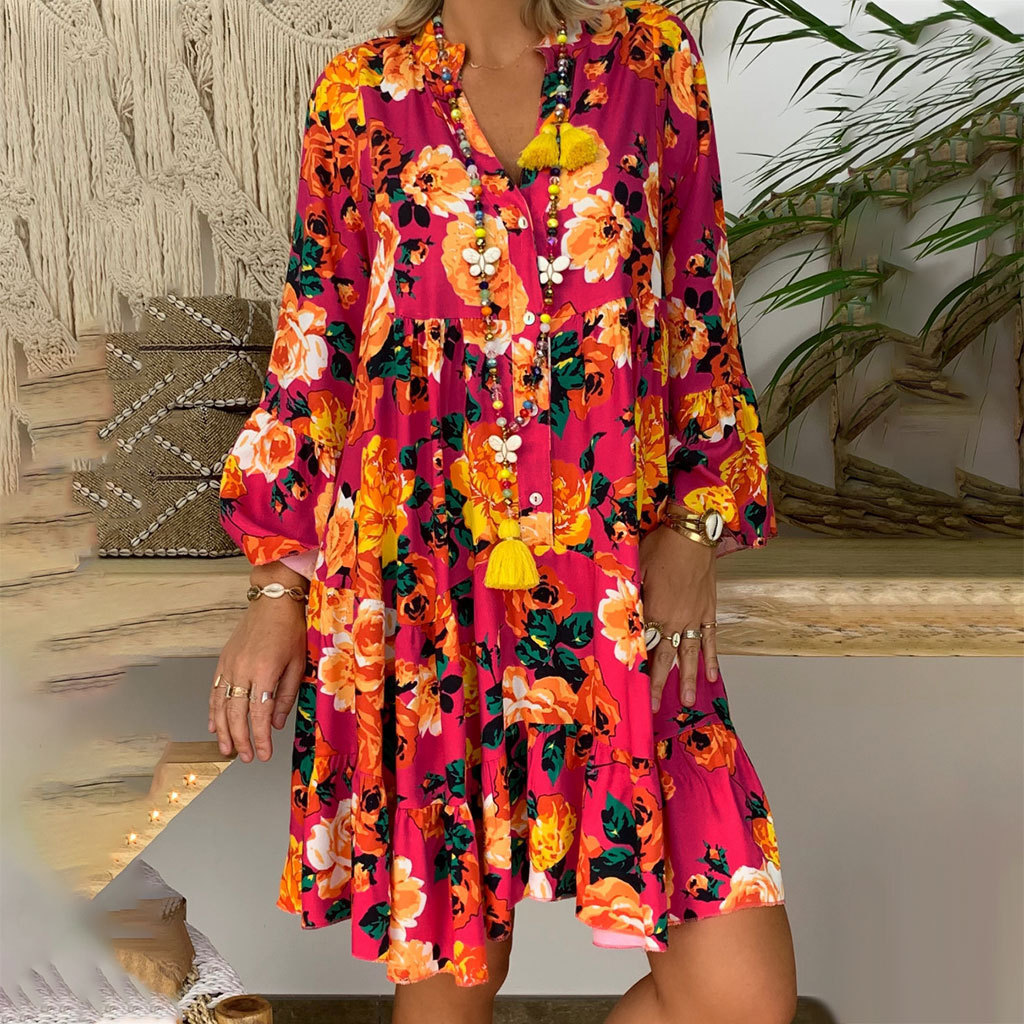 Retro Street Style Half-Open Neck Flared Midi Dress