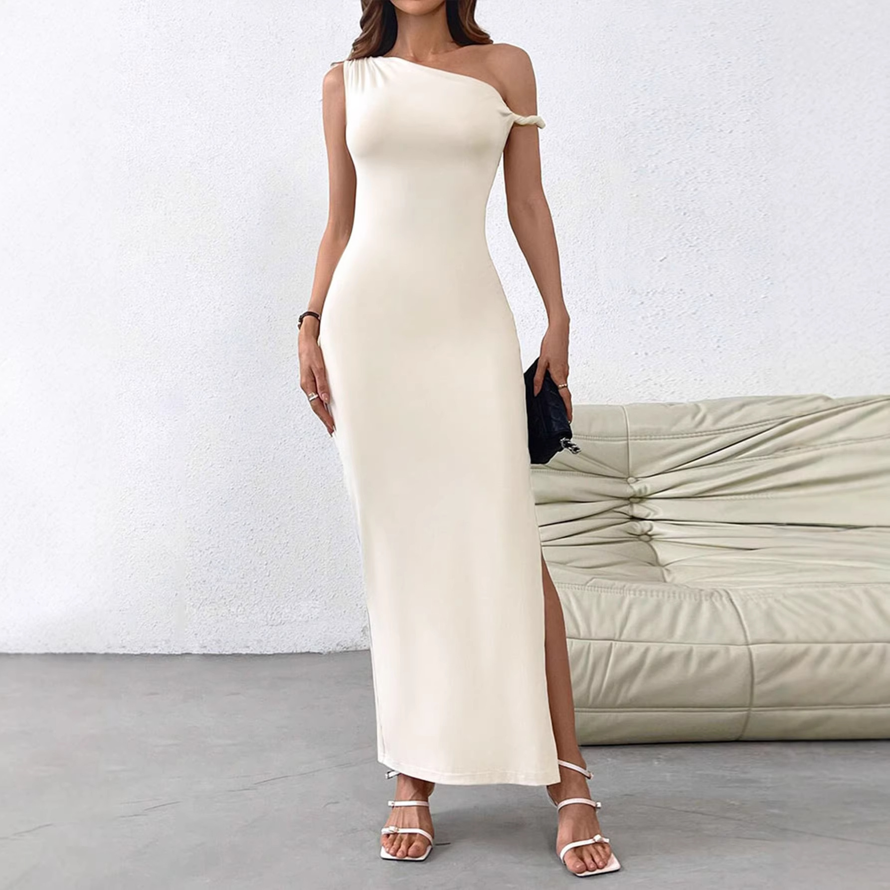 Women's Asymmetric One-Shoulder Bodycon Midi Dress