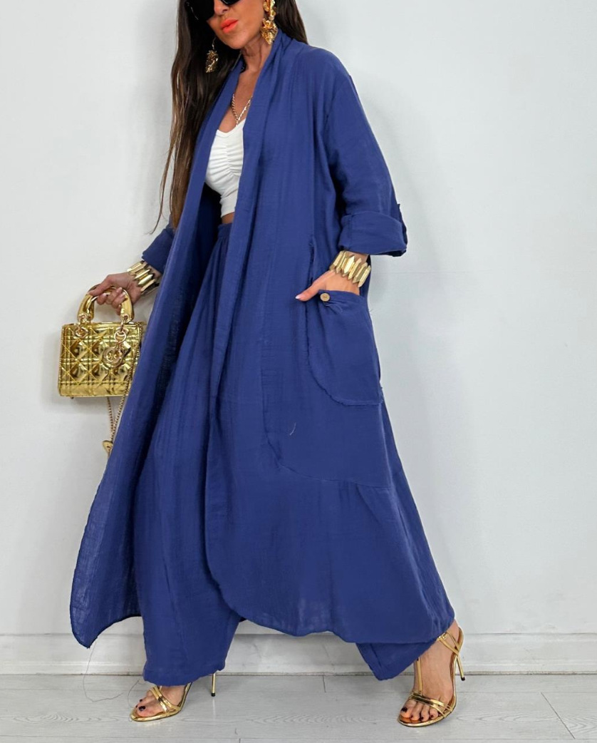 Women's Solid Color Open-Front Long Cardigan Shirt Casual Set