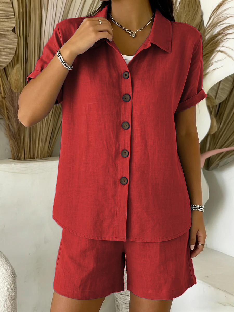 Women's Casual Button Cotton-Linen Short-Sleeve Shirt Set