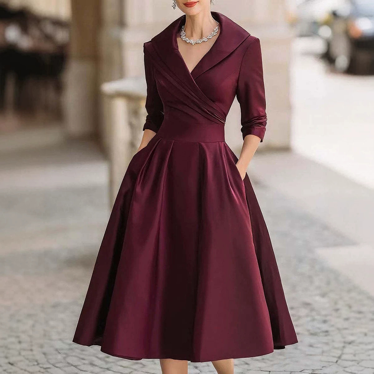 Women's Elegant Waist-Cinching Midi Dress