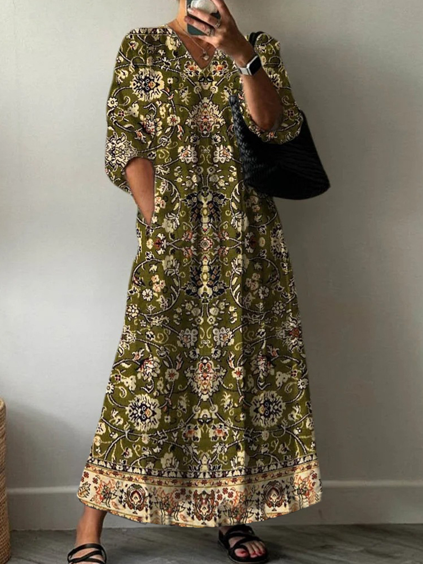 Women's V-Neck Floral Midi Dress Casual Long A-Line
