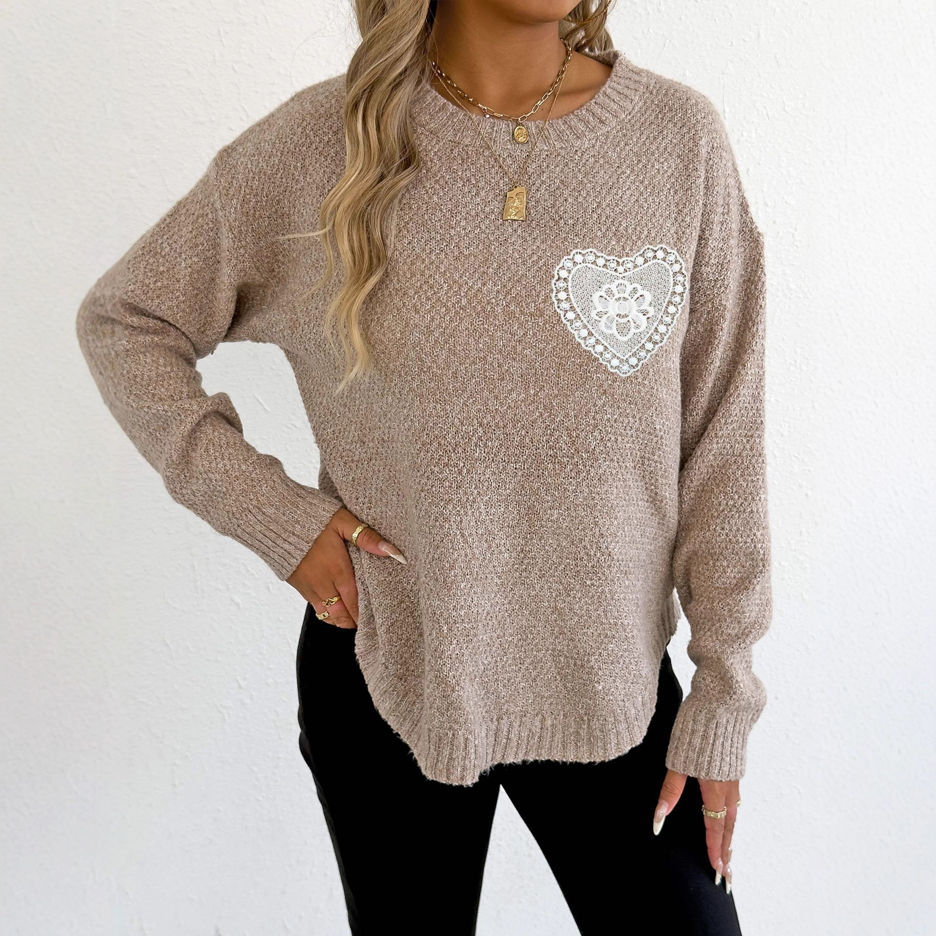 Women's Hollow Lace Pocket Faux Fur Knit Pullover Sweater Crew Neck