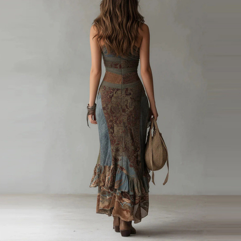 Retro Patchwork Print Asymmetric High Slit Bodycon Maxi Dress