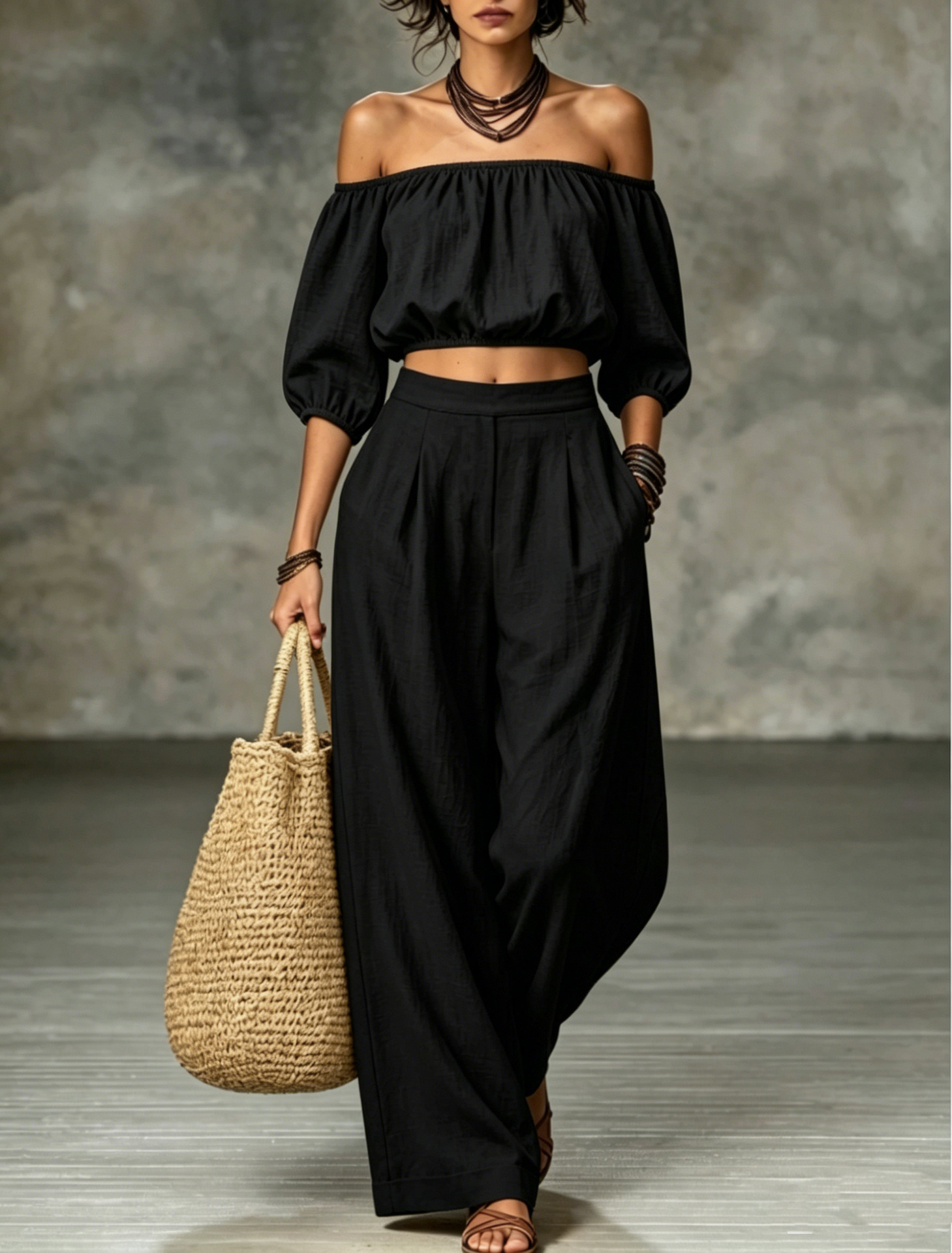 Off-Shoulder Lantern Sleeve High-Waist Wide-Leg Two-Piece Set