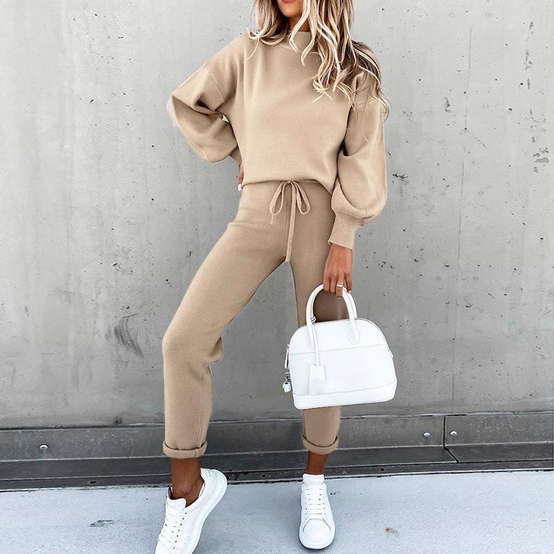 Women's Turtleneck Solid Color Top and Drawstring Pants Two-Piece Sweatsuit Set