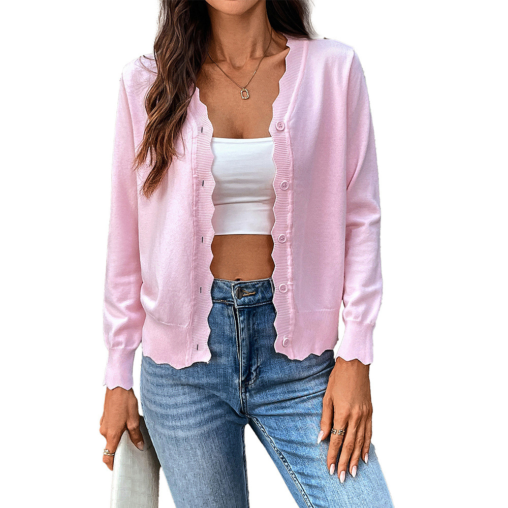 V-Neck Long-Sleeve Knit Cardigan Solid Ice Silk Lightweight Women's