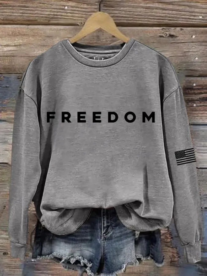 Women's Freedom American Flag Print Crewneck Sweatshirt