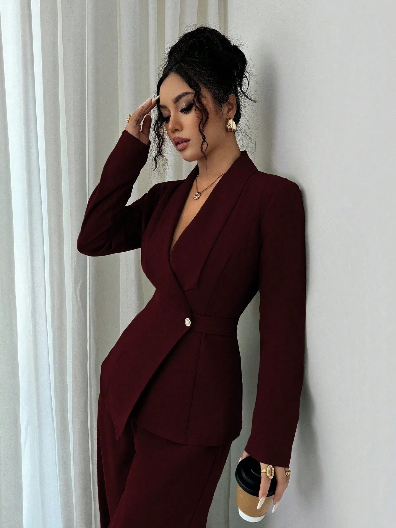 Women's Solid V-Neck Long Blazer and Wide-Leg Pants Two-Piece Set