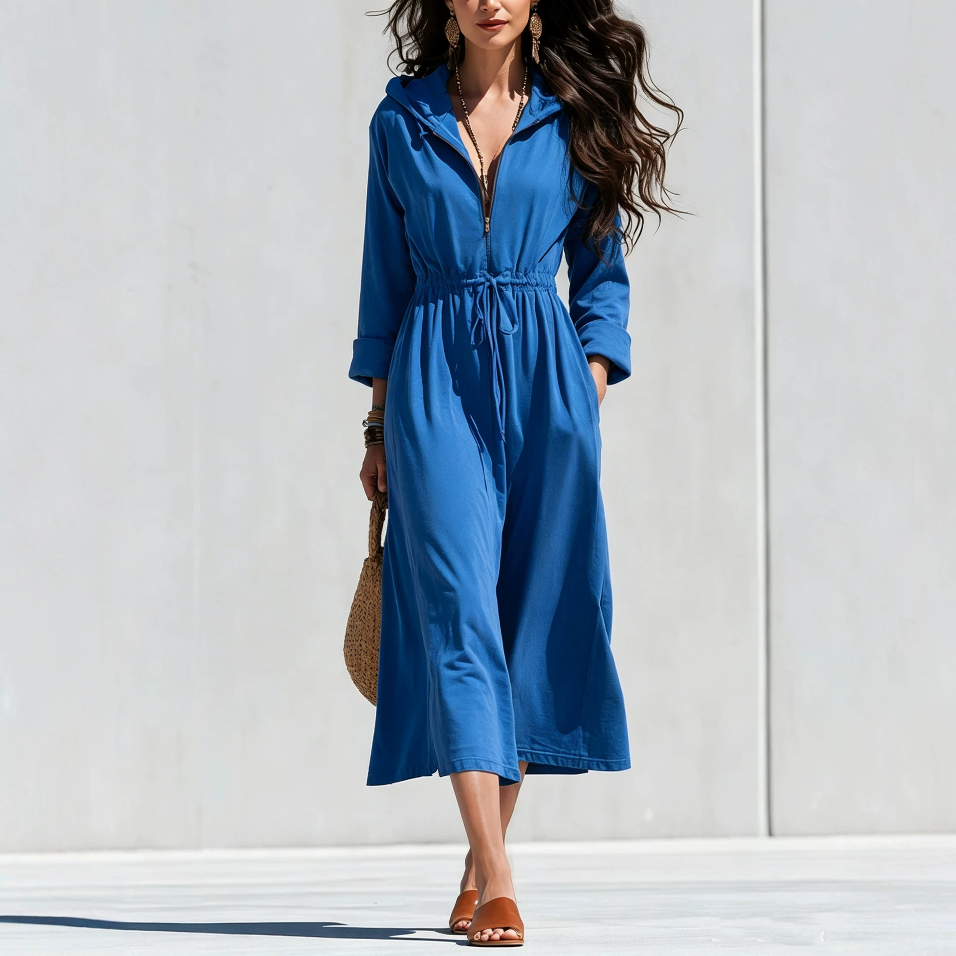 Women's Solid Half-Zip Drawstring Hooded Midi Dress