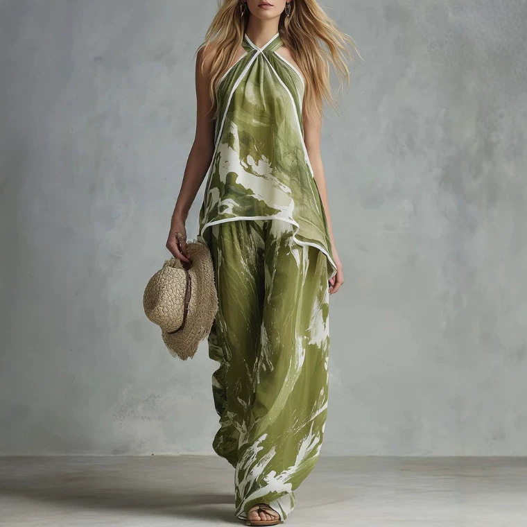 Retro Brush Print Green Chiffon Open-Back Top and Pants Set