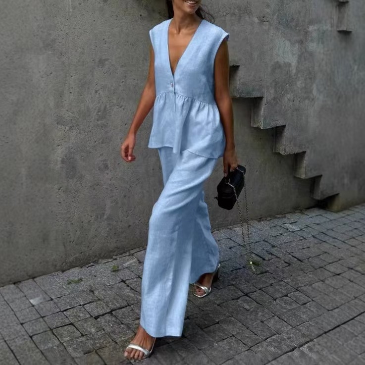 Cotton Linen V-Neck Button Sleeveless Vest and Pants Set Solid Color