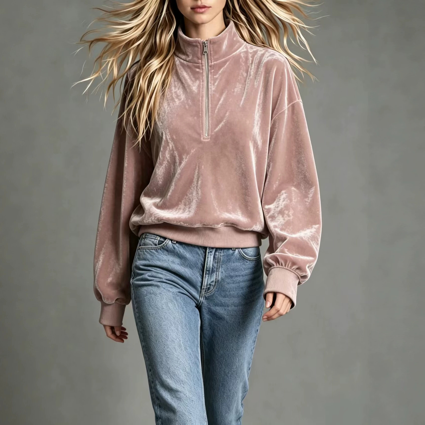 Women's Velvet Zip-Up Stand Collar Loose Long Sleeve Solid Color Casual Sweatshirt