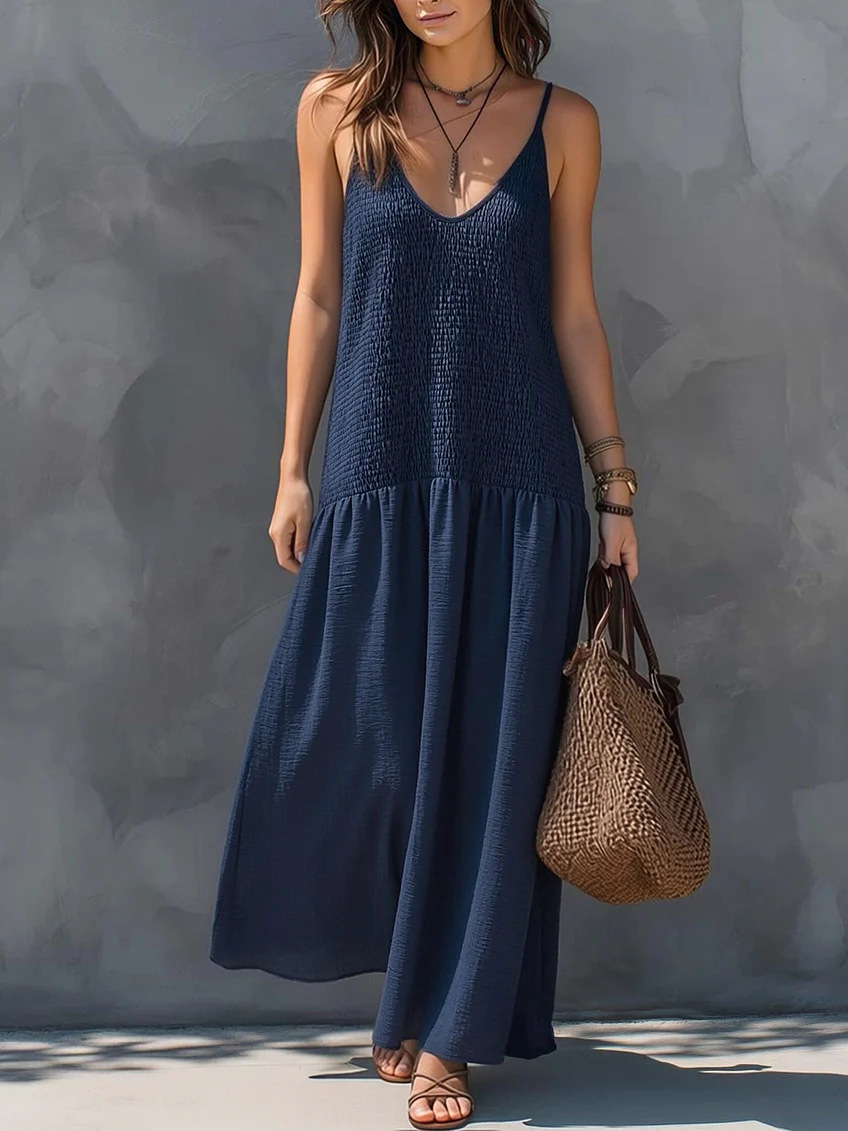 Retro Bohemian Open-Back Smocked Sleeveless Long Vacation Dress