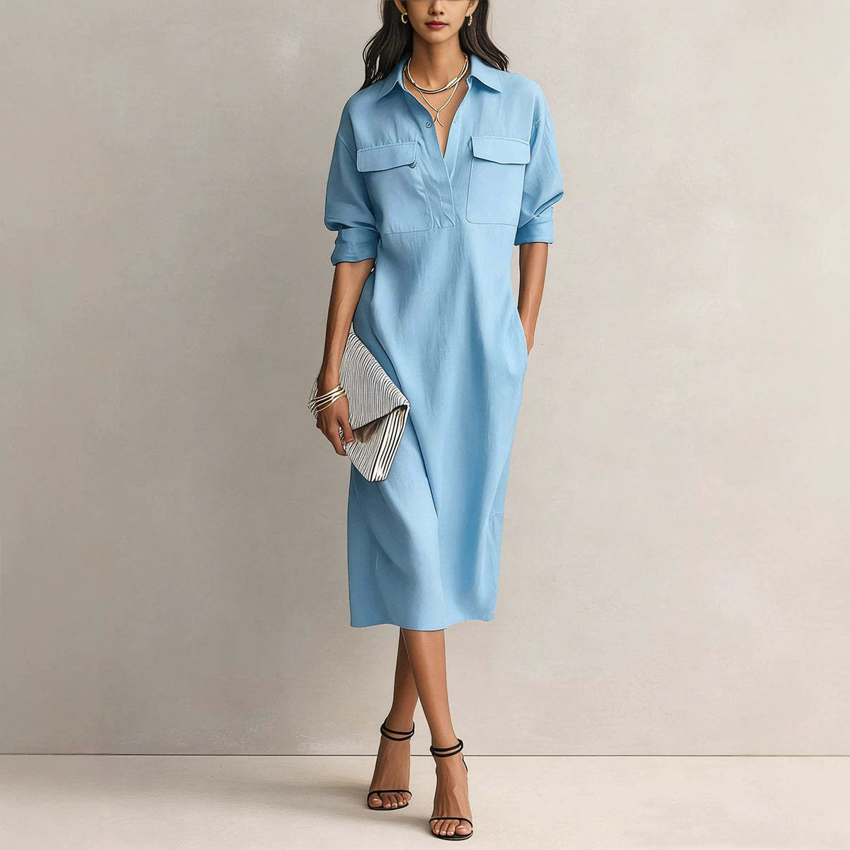 Button-Front Cotton-Linen Blend Midi Dress