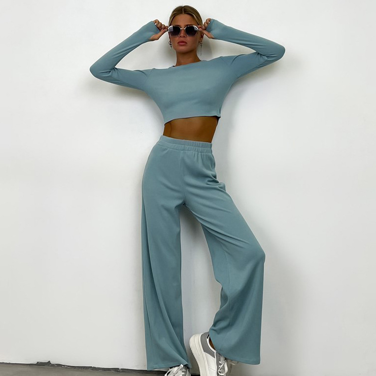 Women's Solid Color Two-Piece Set: Loose Wide-Leg Pants & Fitted Knit Top