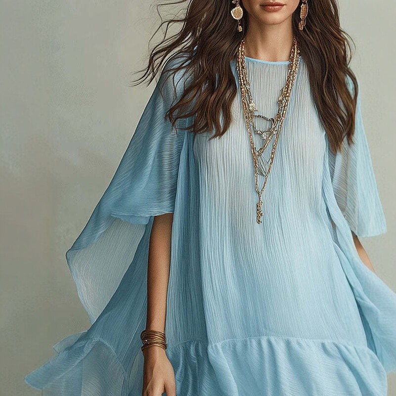 Boho Light Blue Ruched Ruffle Asymmetric Short Dress