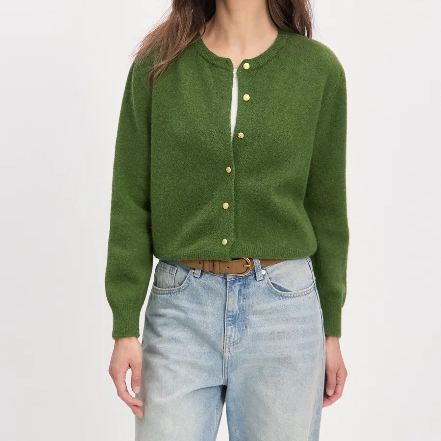 Long Sleeve Knit Cardigan with Gold Buttons Crew Neck Solid Color Loose Sweater Coat
