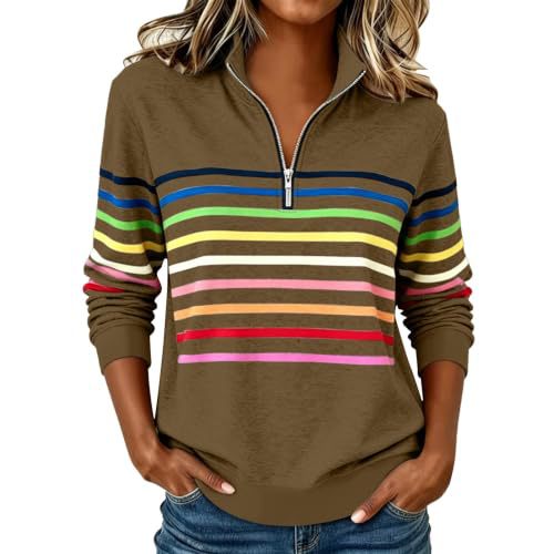 Colorful Striped Print Half-Zip Hoodie for Women