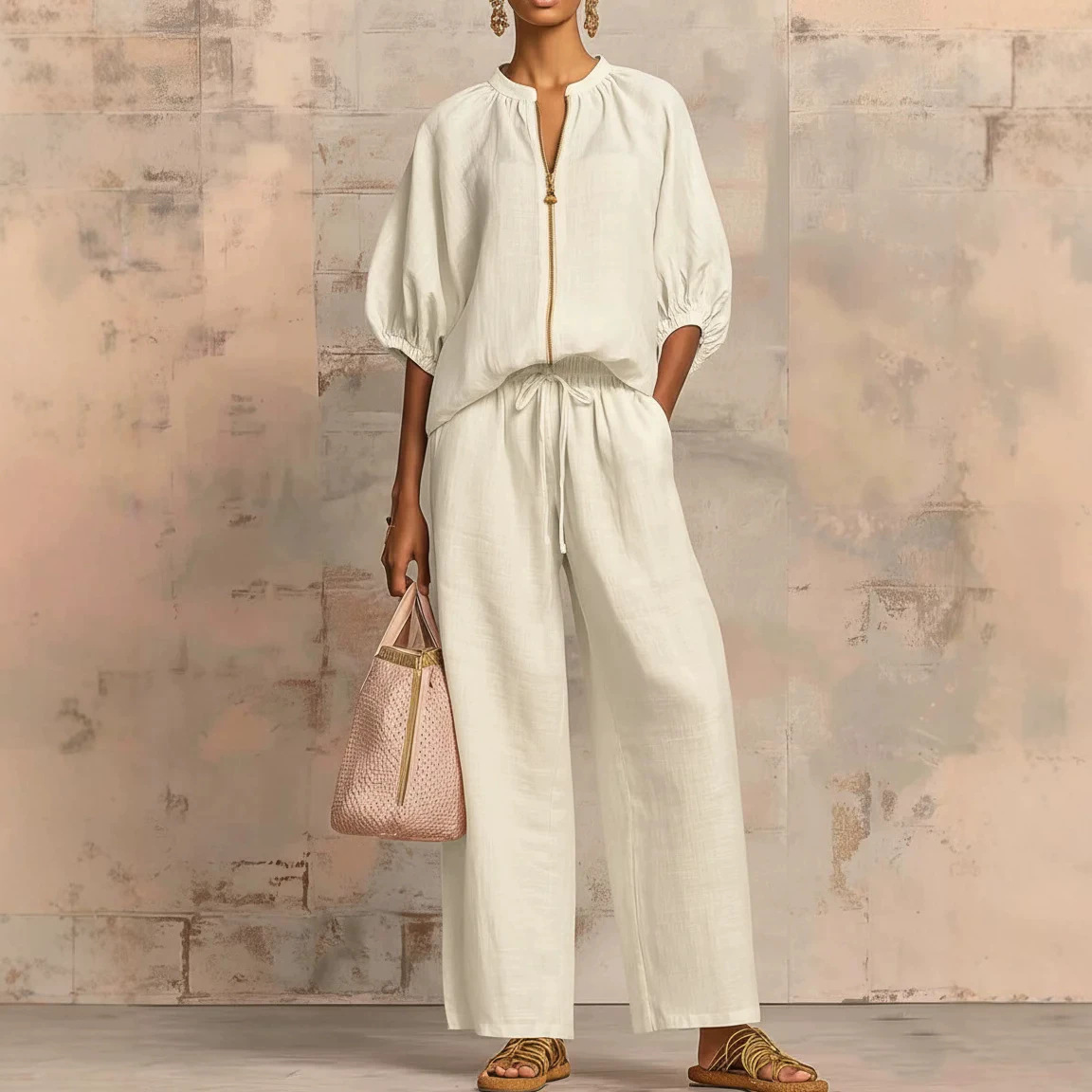 Women's Loose Casual Vacation Zip-Up Crew Neck Wide-Leg Pant Set