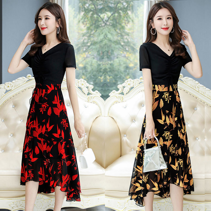 Women's V-Neck A-Line Midi Dress with Waist-Cinching Color-Block Print