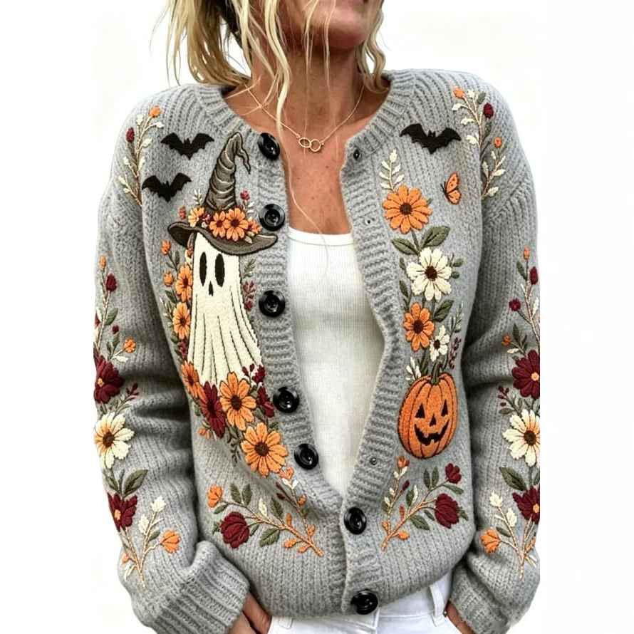 Women's Halloween Ghost Pumpkin Castle Floral Print Cardigan