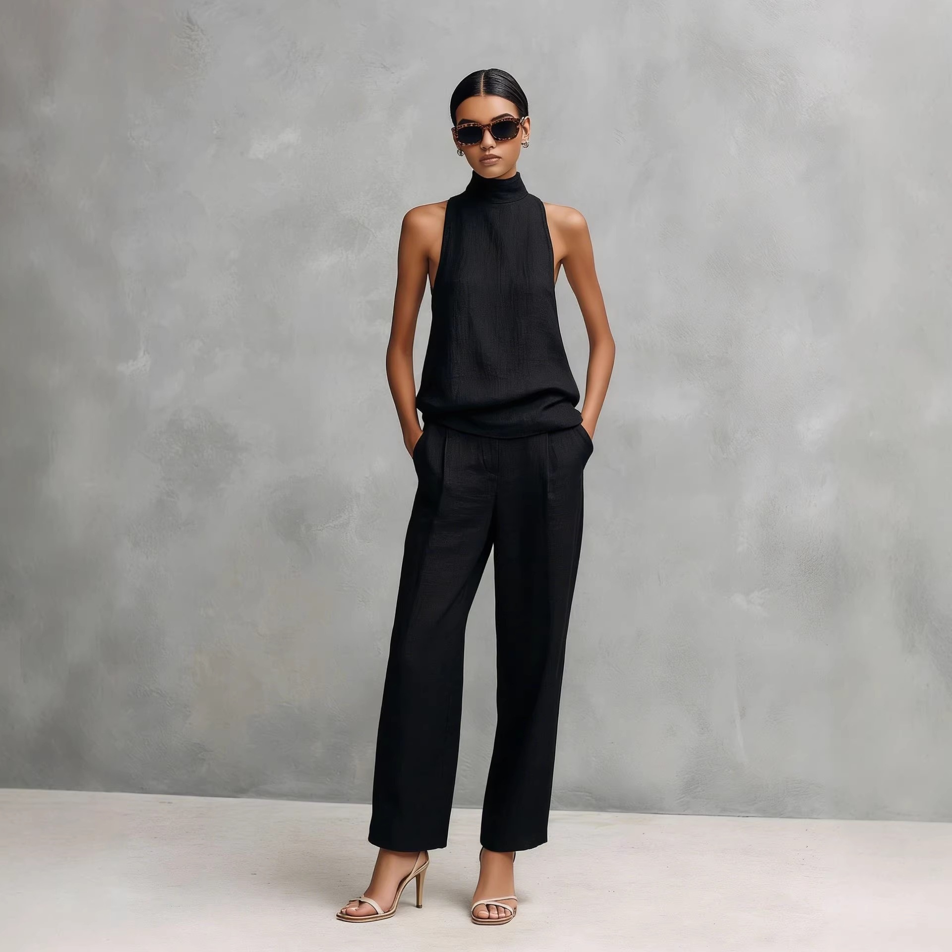 Women's Sleeveless High Neck Top & Wide Leg Pants Set