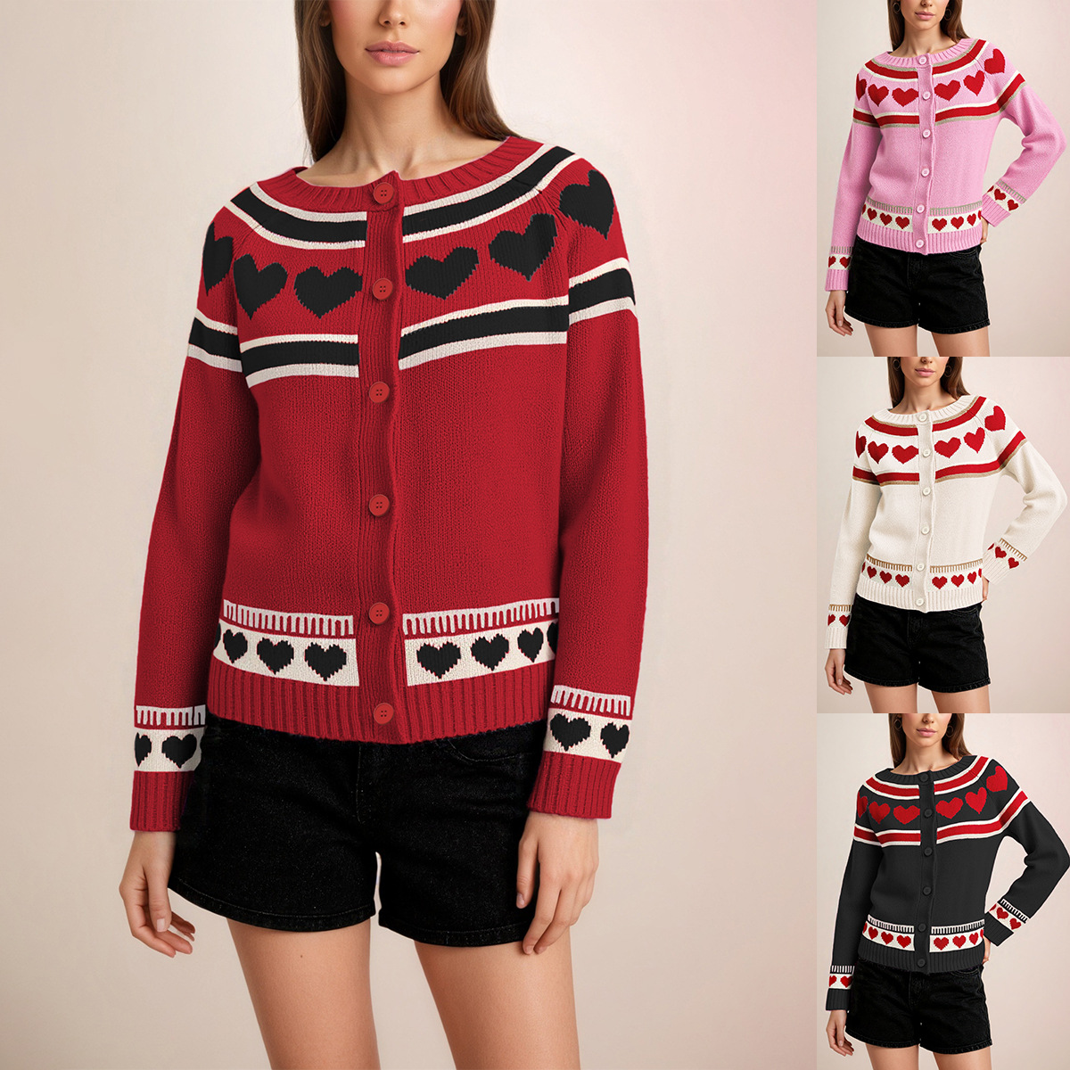 Retro Heart Pattern Knit Cardigan with Round Neck and Buttons, Loose Fit