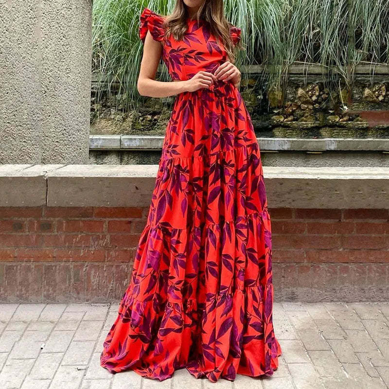 Women's Floral Print Maxi Dress with Flutter Sleeves and High Waist