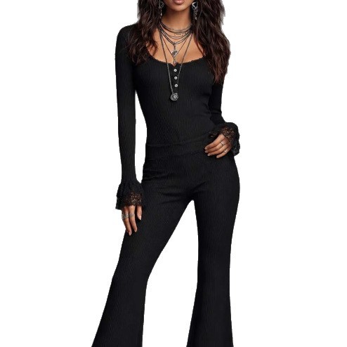 Women's Ribbed Knit Long Sleeve Lace Trim Top and Flared Pants Two-Piece Set