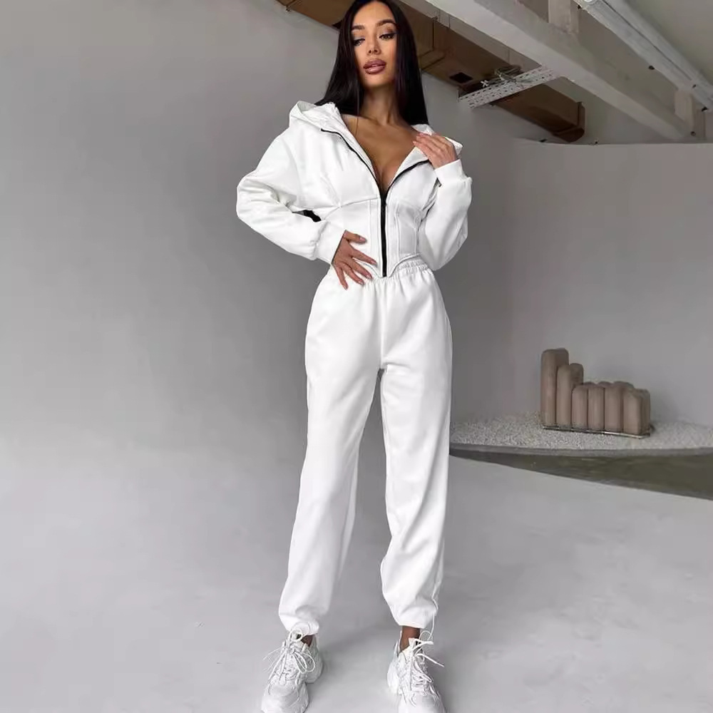 Women's Solid Color Hooded Waist-Cinched Sweatshirt and Pants Set Casual Two-Piece