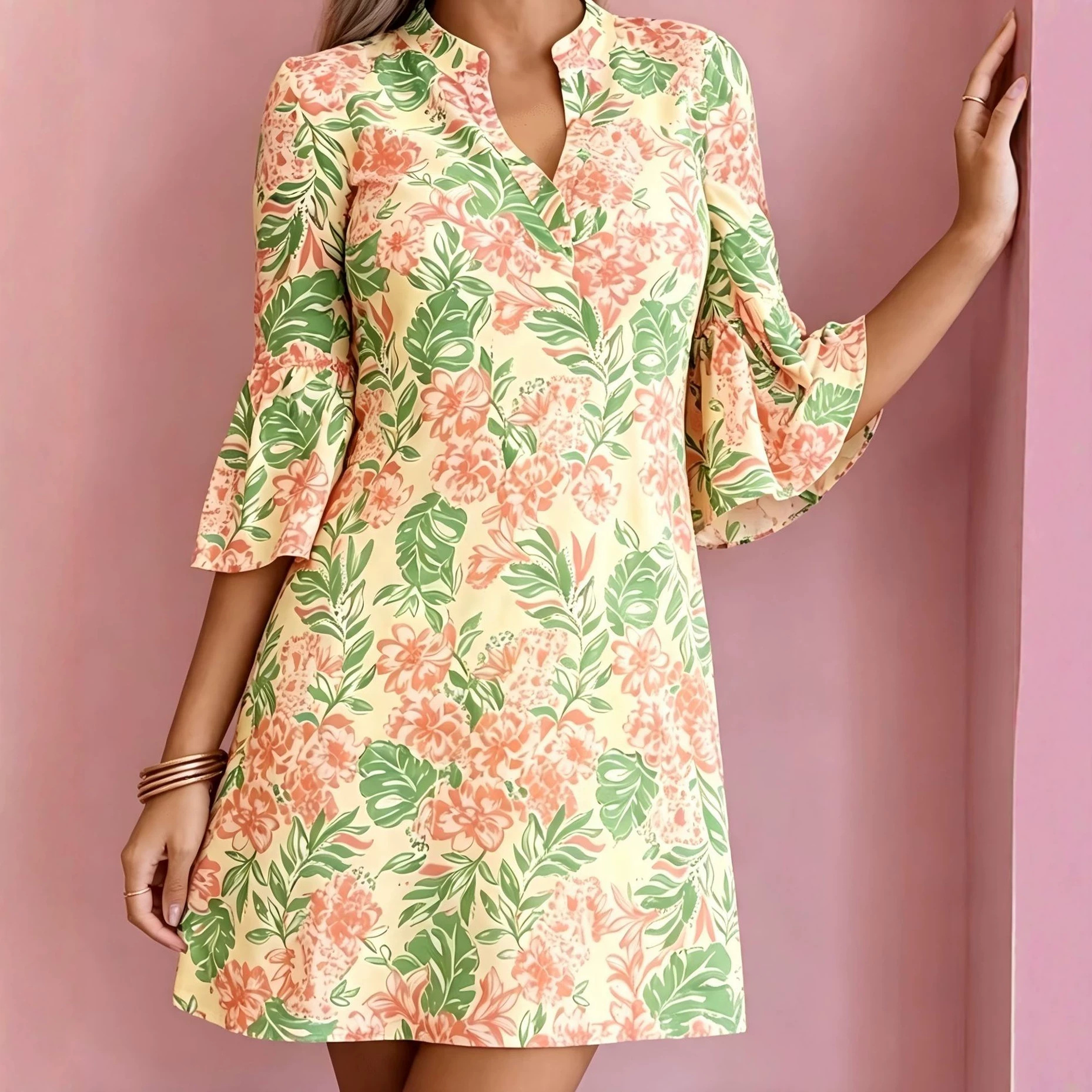 Women's Floral Leaf Print Casual Midi Dress with Deep V-Neck and Five-Quarter Sleeves