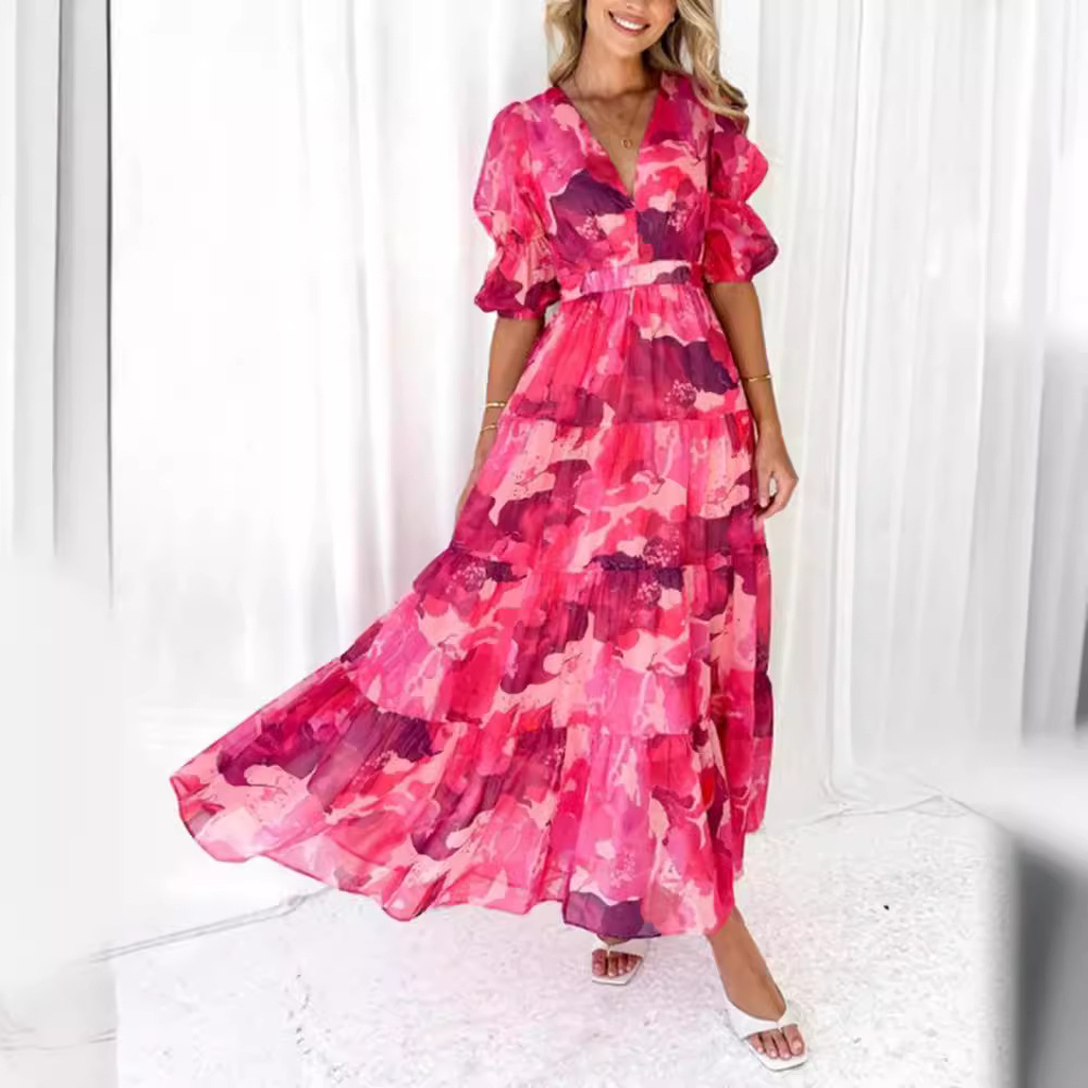 Floral Print V-Neck Bubble Sleeve Cinched-Waist Maxi Dress