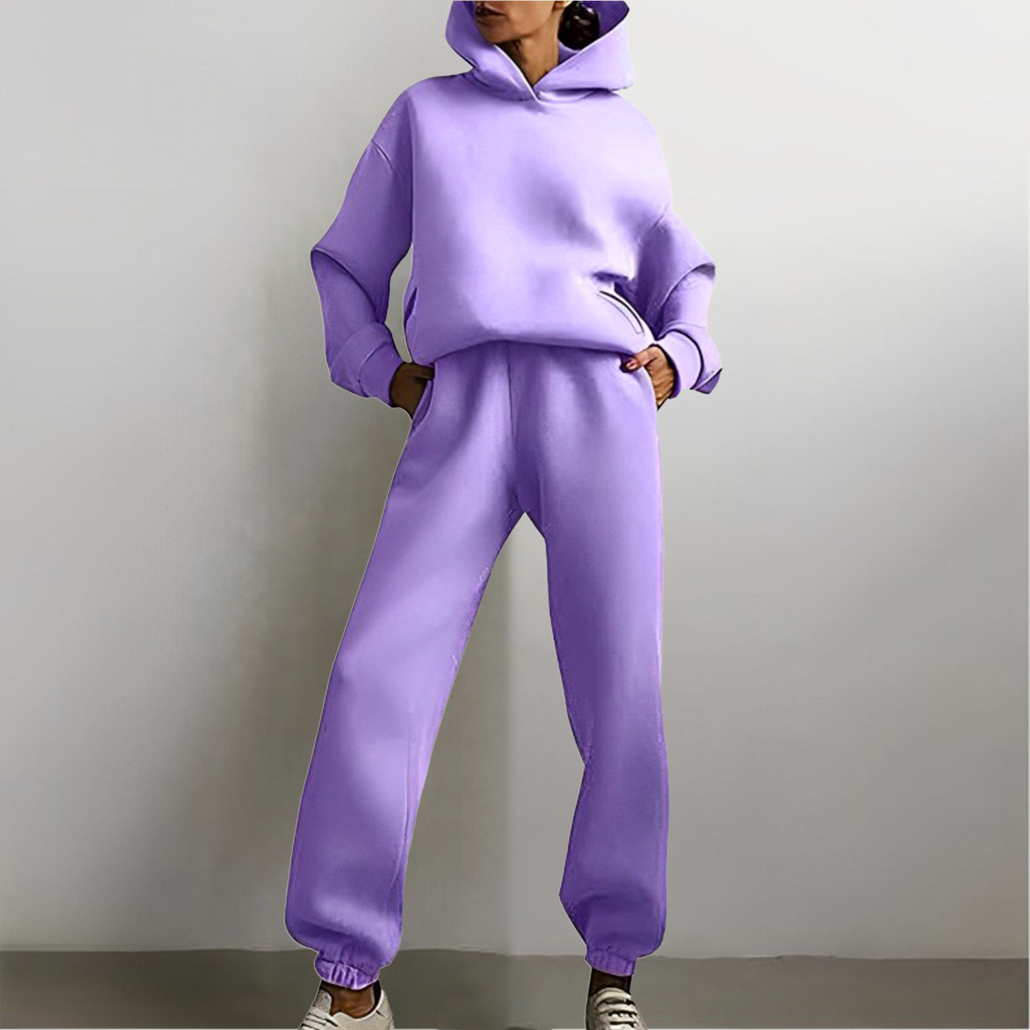 Women's Solid Color Hooded Sweatshirt and Pants Two-Piece Casual Set