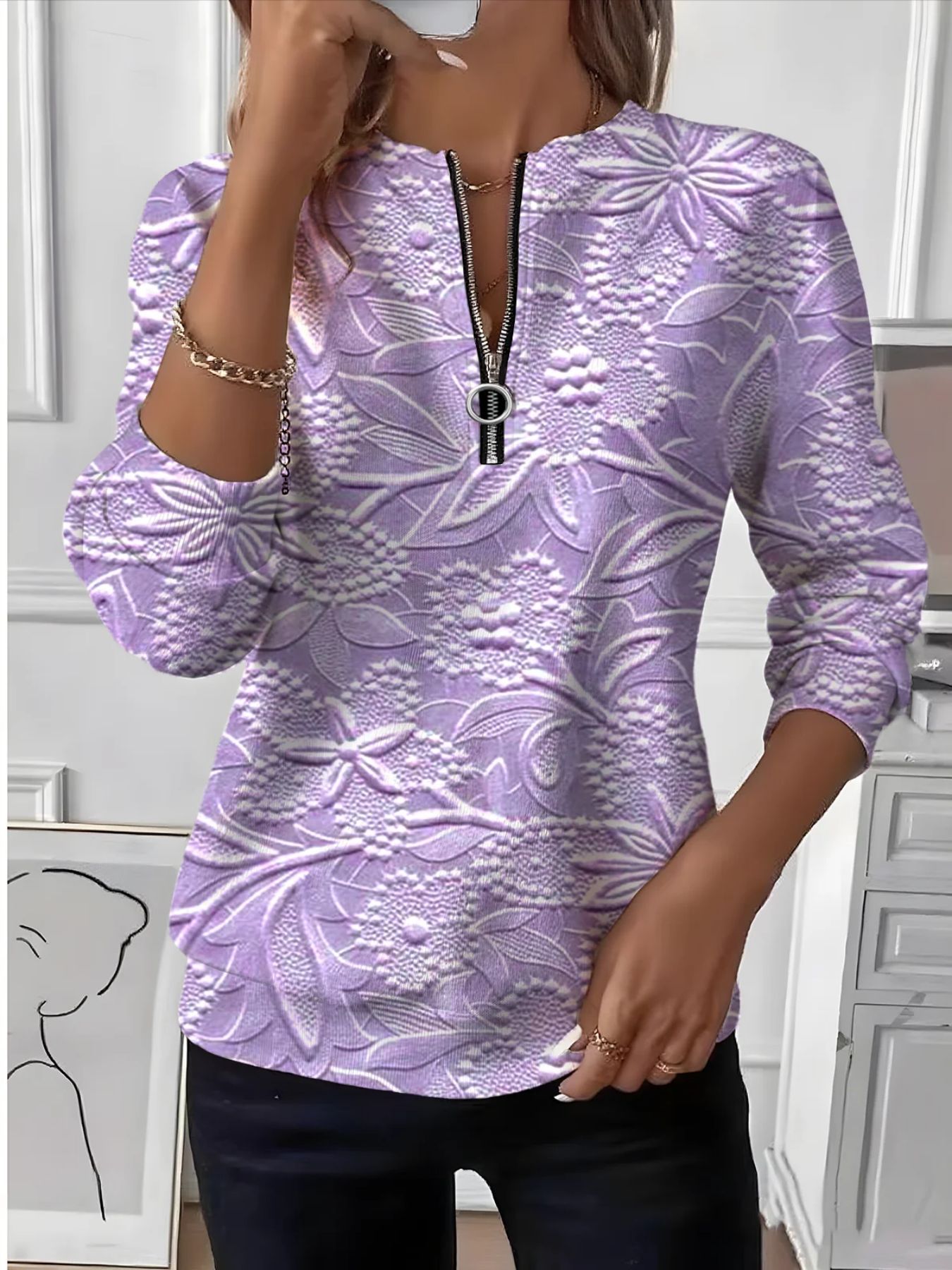 Retro Leaf Floral Print Half-Zip Hoodie for Women