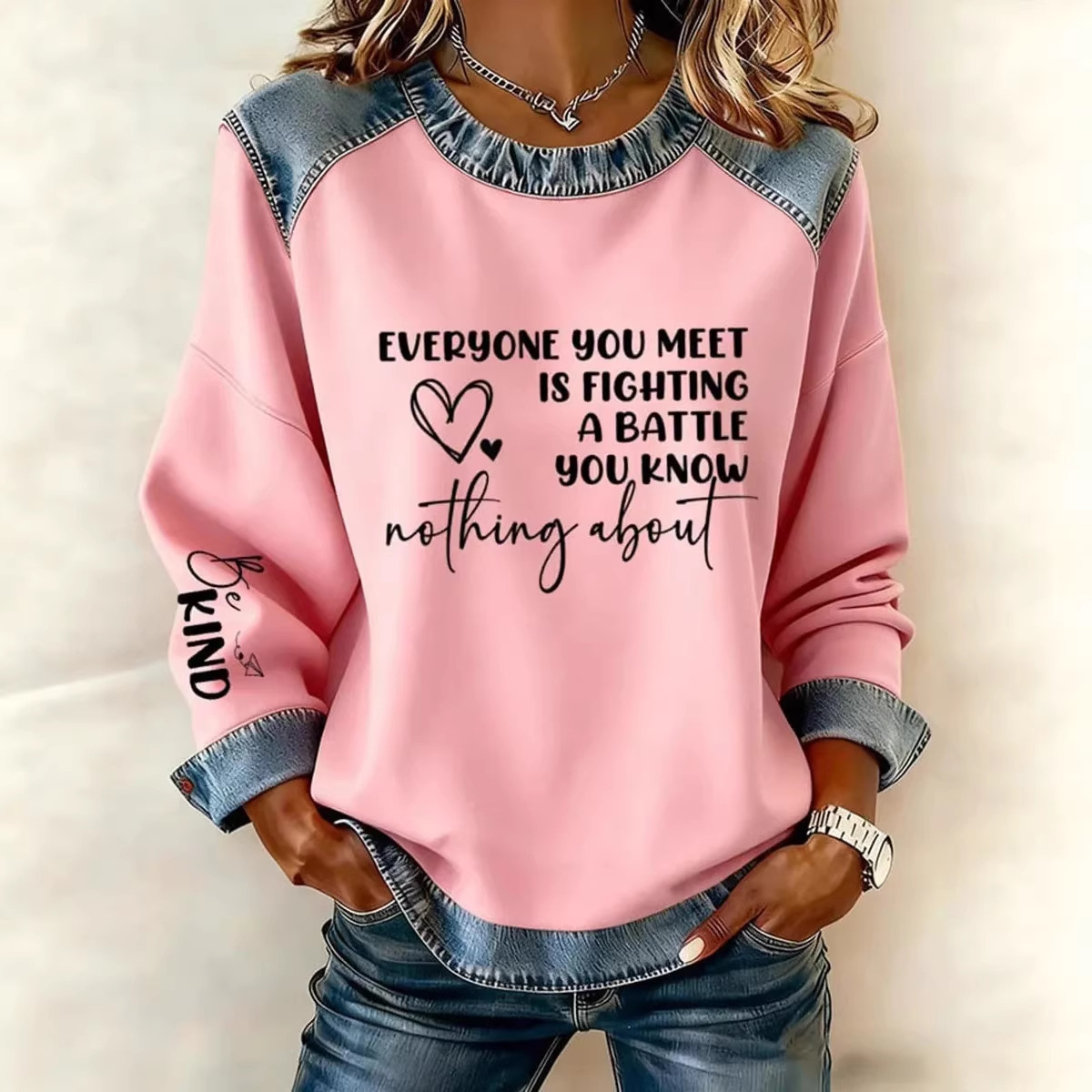 3D Digital Print Denim-Trim Crewneck Sweatshirt