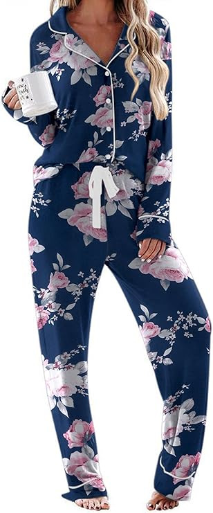 Women's Cuban Collar Star Floral Print Long Sleeve Shirt Set