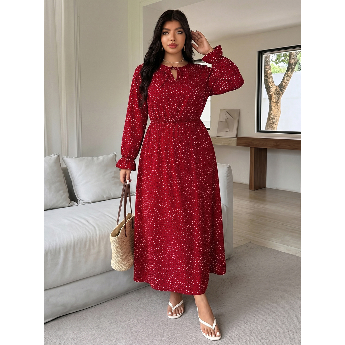 Plus Size Polka Dot V-Neck Tie-Waist Long Sleeve Maxi Dress
