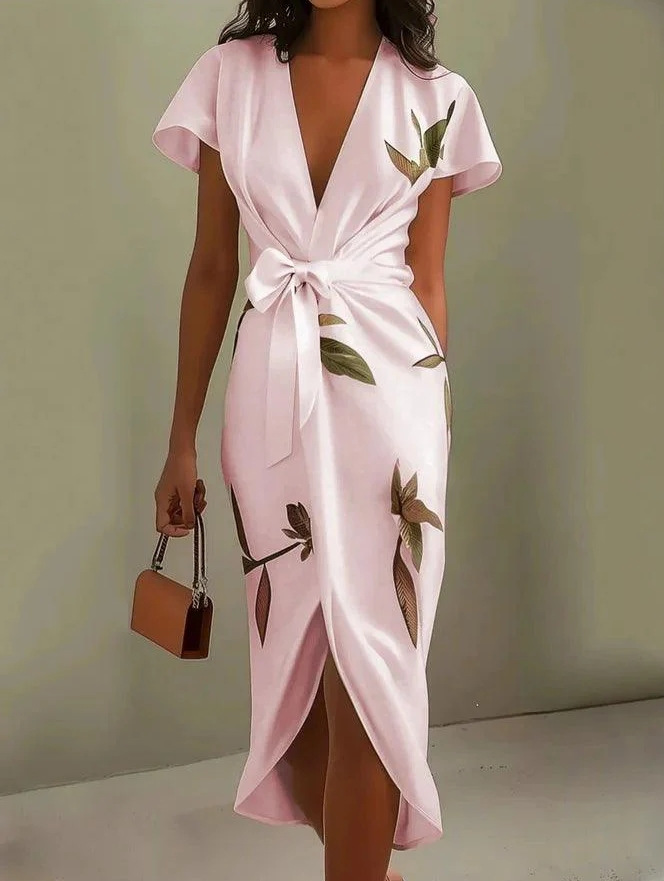 Floral Print V-Neck Short Sleeve Tie-Waist Slit Midi Dress