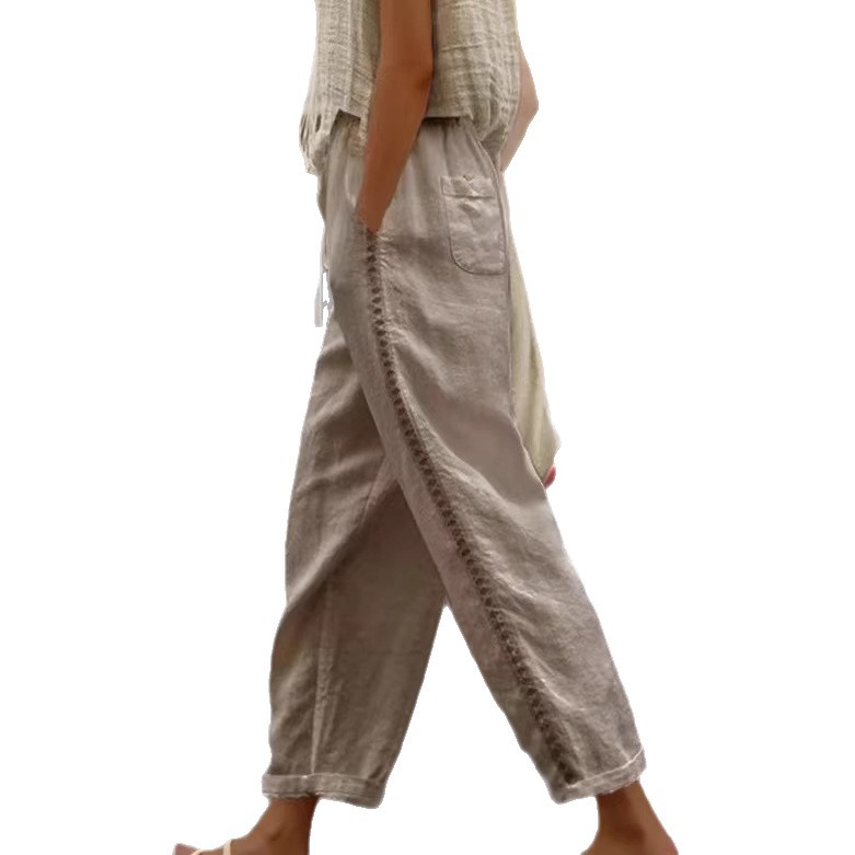 Women's Lace Cutout Spliced Cropped Pants Casual Straight-Leg
