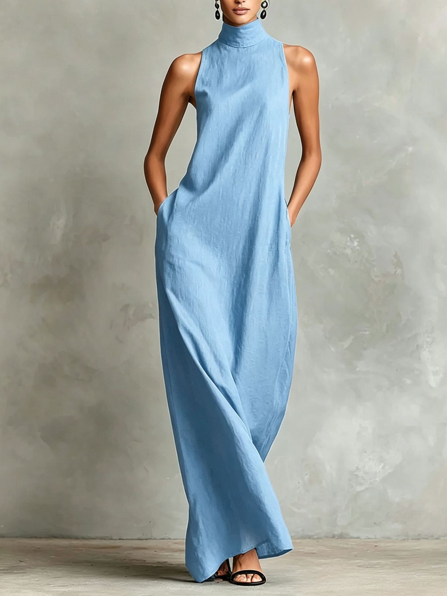 Linen-Blend High-Neck Sleeveless A-Line Long Dress with Side Pockets