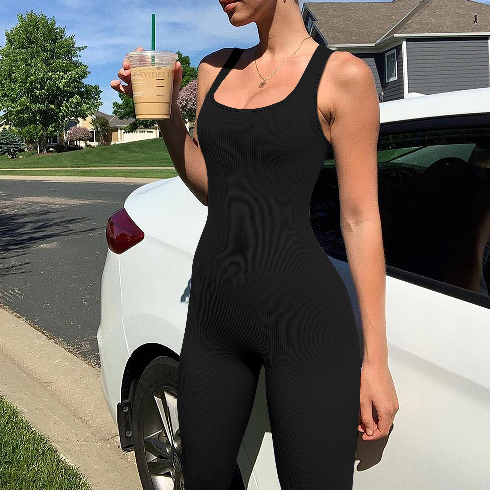 Solid Ribbed Square Neck Sleeveless Backless Bodysuit Jumpsuit