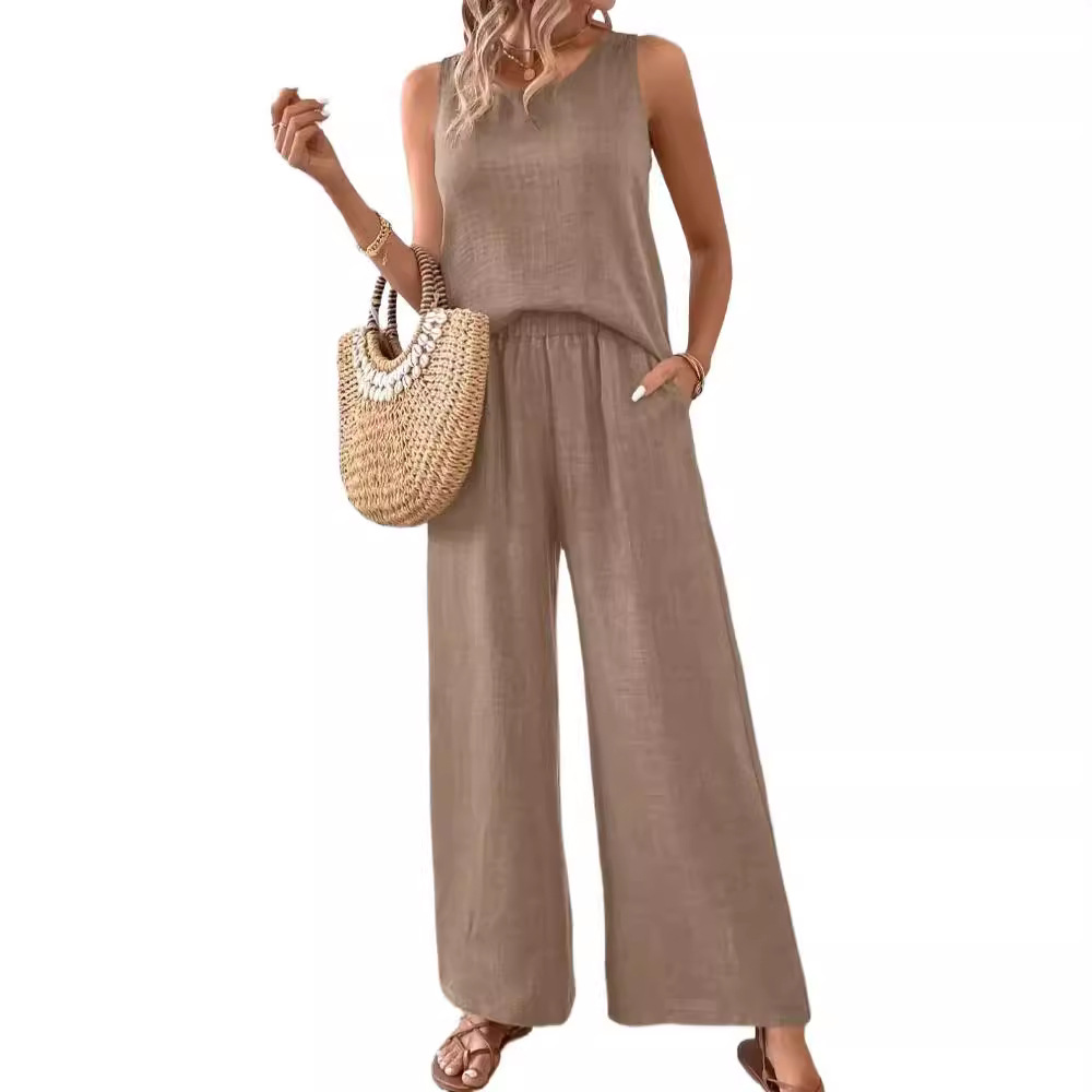 Women's Solid Color Back Cutout Lace Trim Sleeveless Top Set