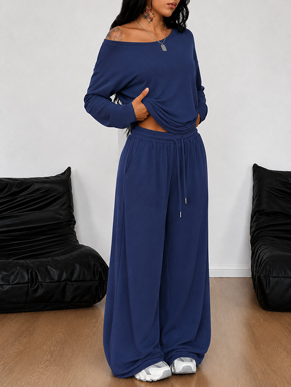 Women's Casual Loungewear Set Long Sleeve Top & Wide Leg Pants