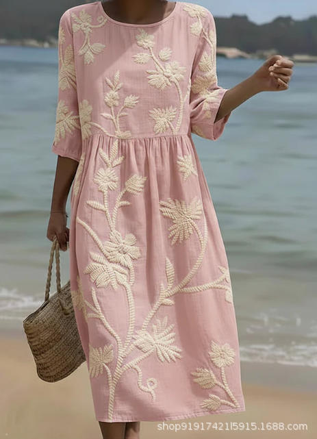 Women's Floral Print Ruched Midi Dress with Half Sleeves