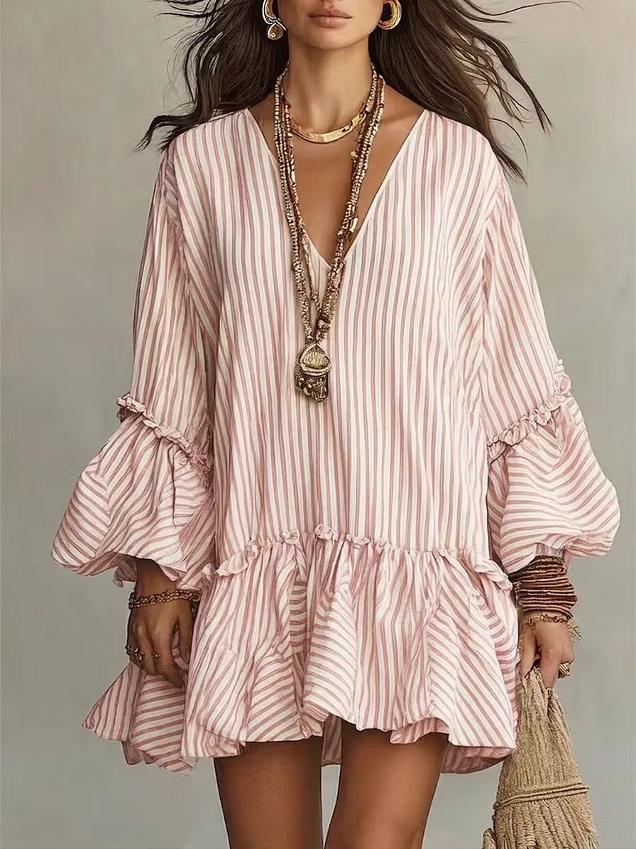 Women's Striped Print V-Neck Lantern Sleeve Loose A-Line Short Dress
